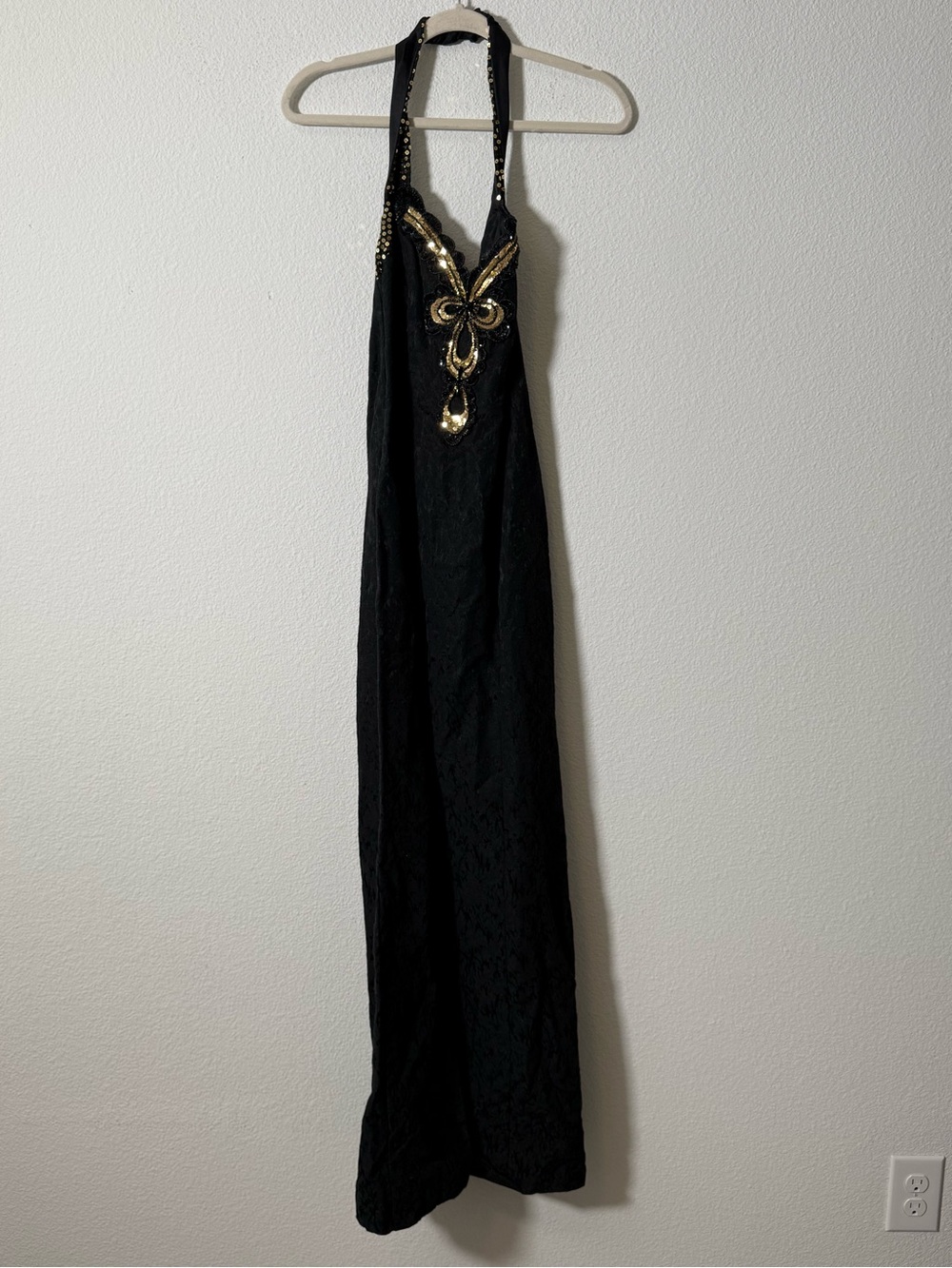 Vintage Loralie Original Black Jacquard Halter Maxi Dress Gold Beaded Sequin 8